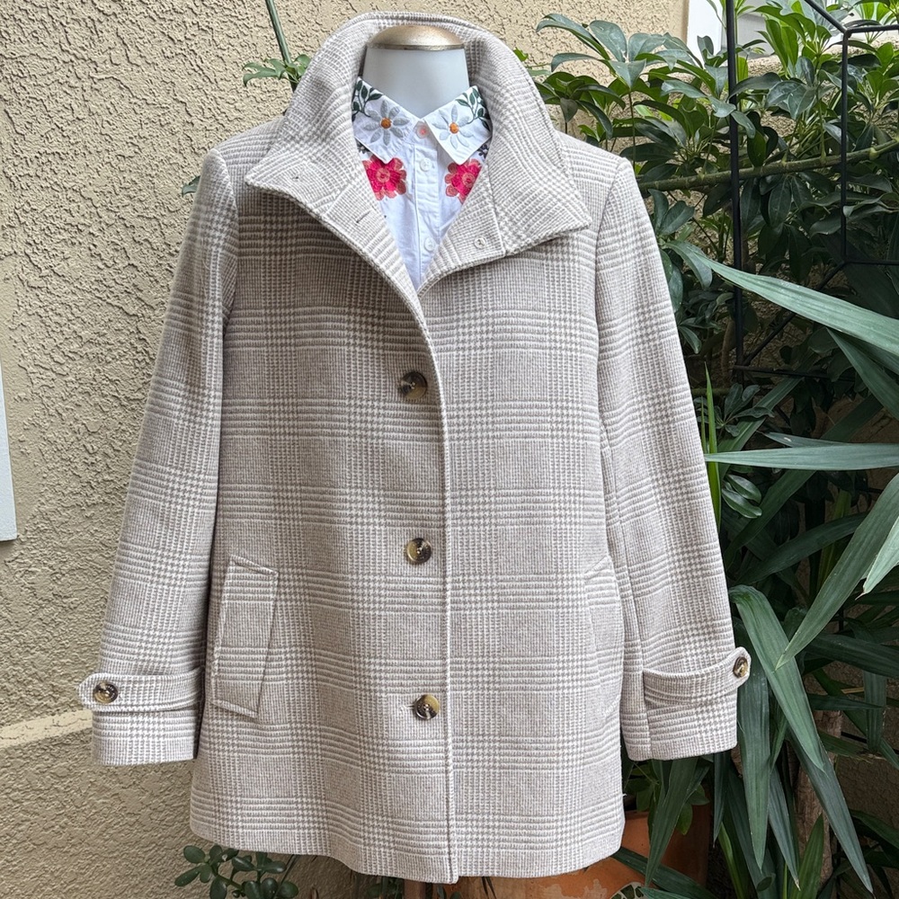 Ralph Lauren Black Label Beige Plaid Wool Pea Coat with Pockets